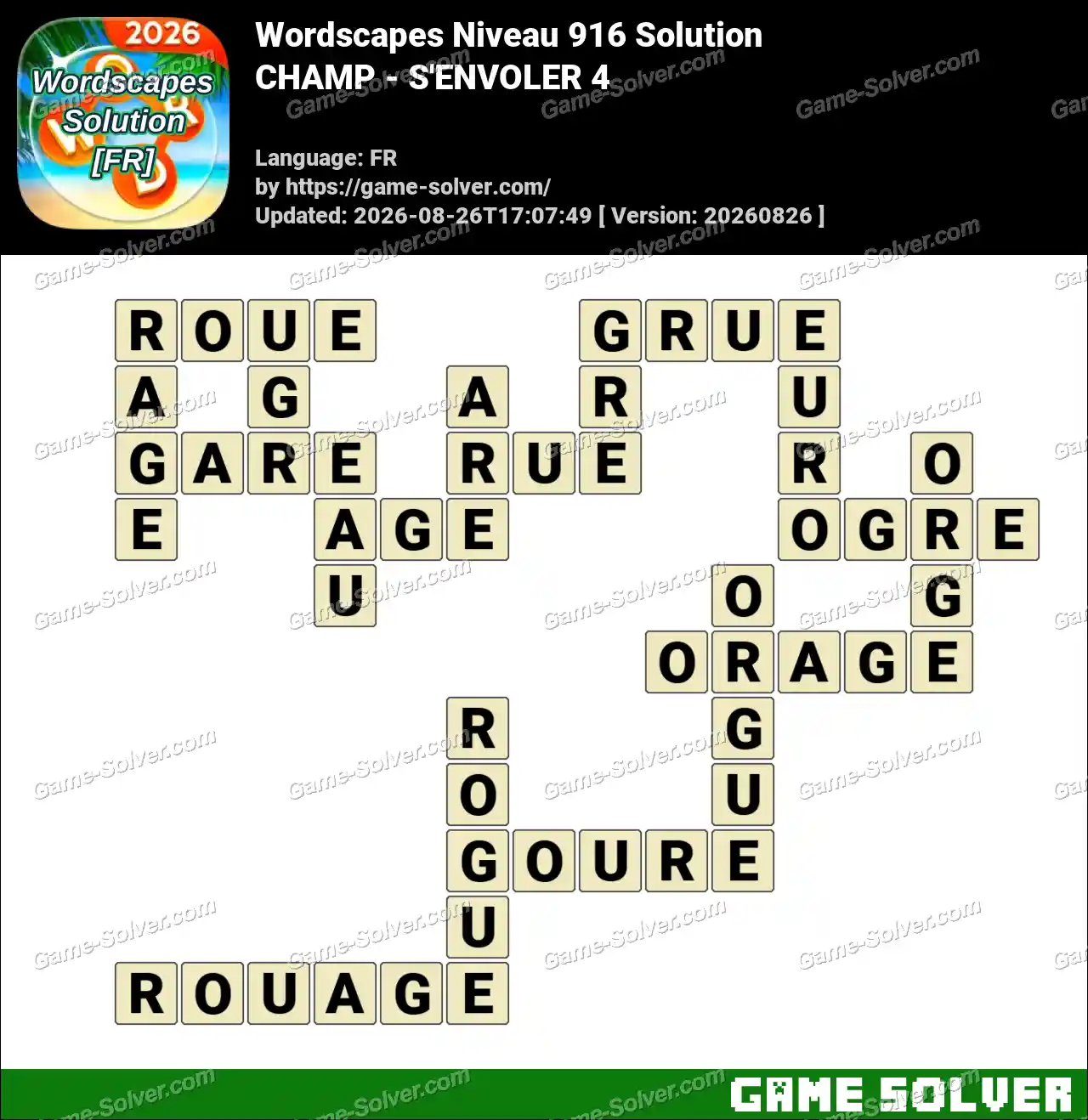 Wordscapes Français Niveau 916 Solution — CHAMP – S’ENVOLER 4